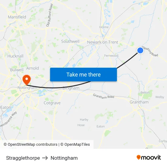 Stragglethorpe to Nottingham map