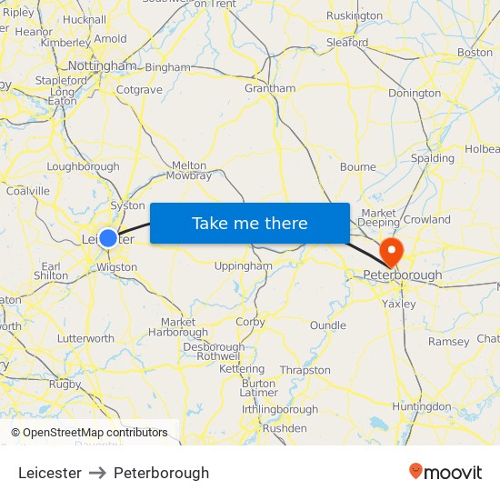 Leicester to Peterborough map