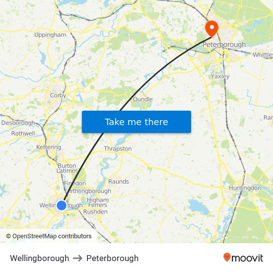 Wellingborough to Peterborough map