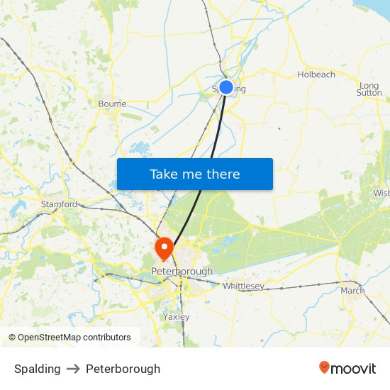 Spalding to Peterborough map