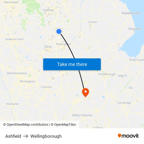 Ashfield to Wellingborough map