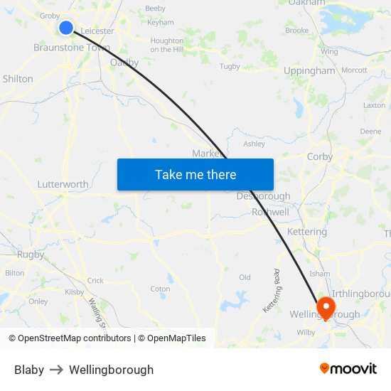 Blaby to Wellingborough map