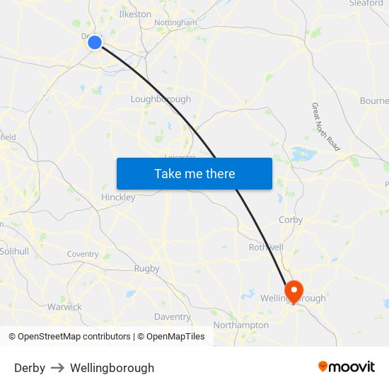 Derby to Wellingborough map