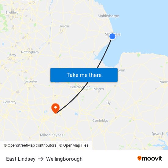 East Lindsey to Wellingborough map
