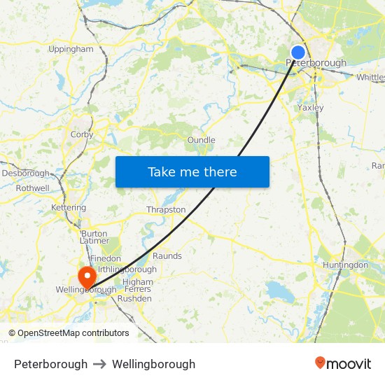 Peterborough to Wellingborough map