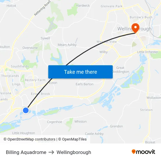 Billing Aquadrome to Wellingborough map