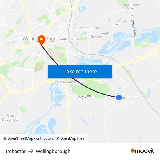 Irchester to Wellingborough map