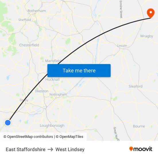 East Staffordshire to West Lindsey map