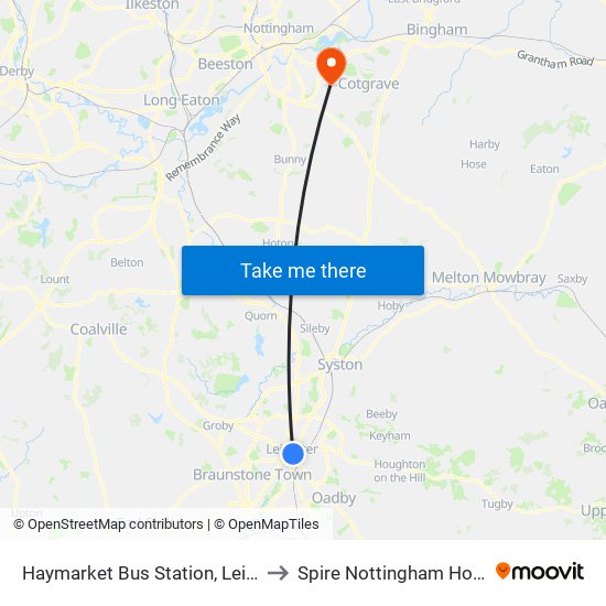Haymarket Bus Station, Leicester to Spire Nottingham Hospital map
