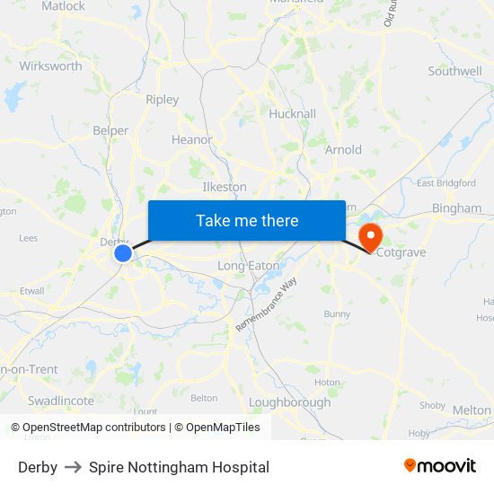 Derby to Spire Nottingham Hospital map