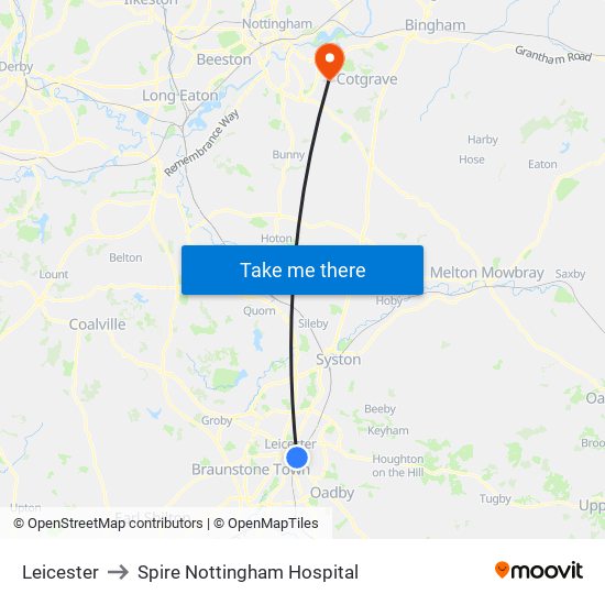 Leicester to Spire Nottingham Hospital map