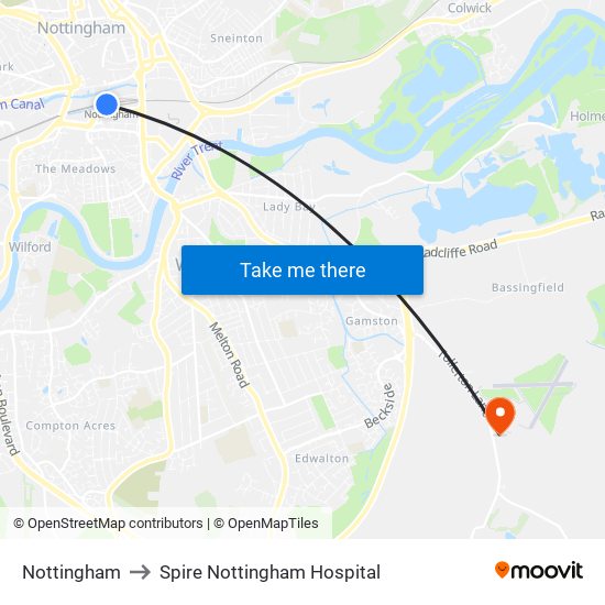 Nottingham to Spire Nottingham Hospital map