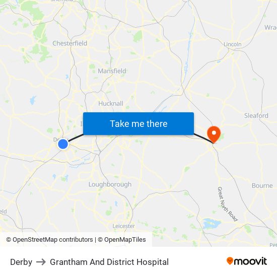Derby to Grantham And District Hospital map
