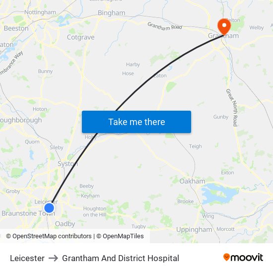 Leicester to Grantham And District Hospital map