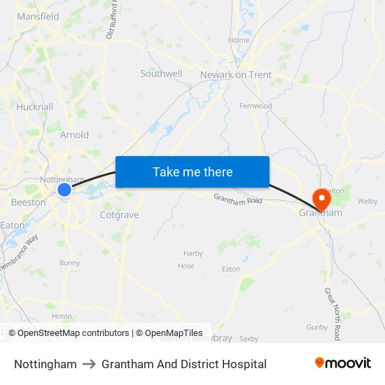 Nottingham to Grantham And District Hospital map