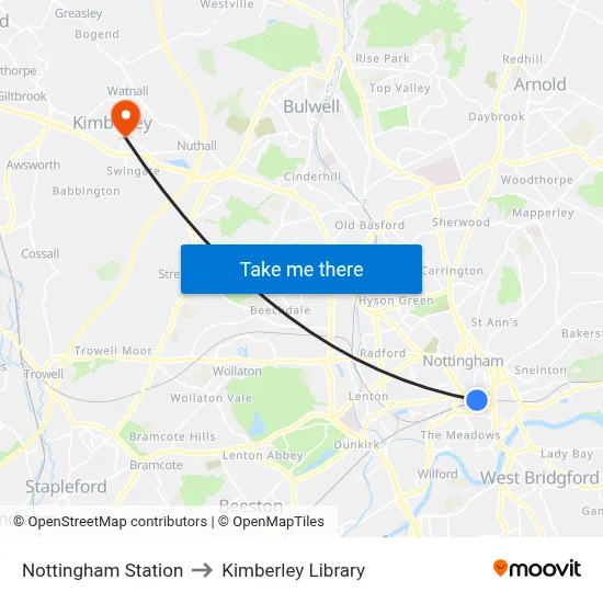 Nottingham Station to Kimberley Library map