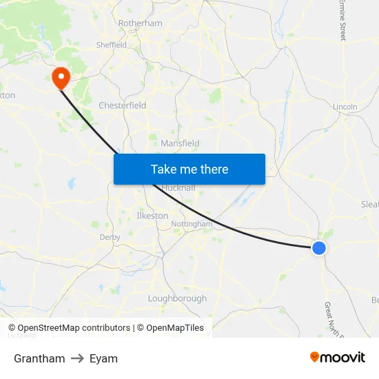 Grantham to Eyam map