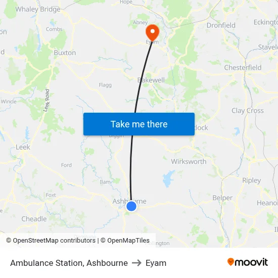 Ambulance Station, Ashbourne to Eyam map