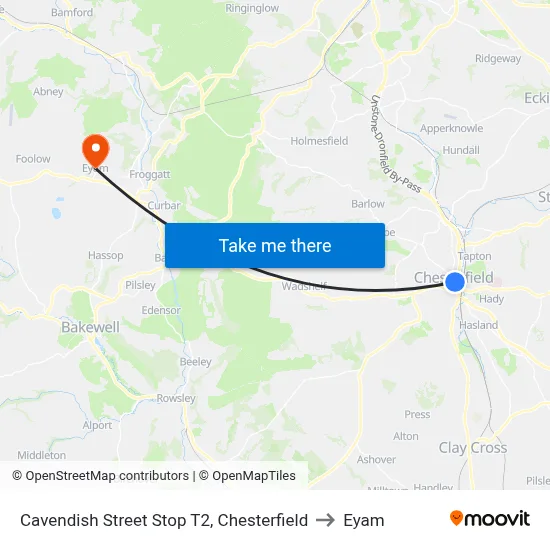Cavendish Street Stop T2, Chesterfield to Eyam map
