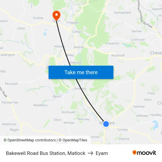 Bakewell Road Bus Station, Matlock to Eyam map