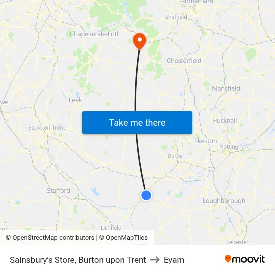 Sainsbury's Store, Burton upon Trent to Eyam map