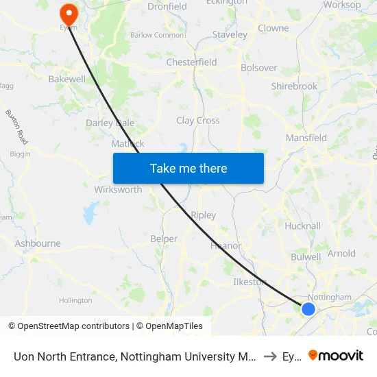 Uon North Entrance, Nottingham University Main Campus (Un14) to Eyam map