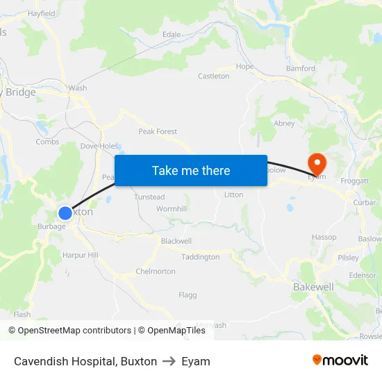 Cavendish Hospital, Buxton to Eyam map