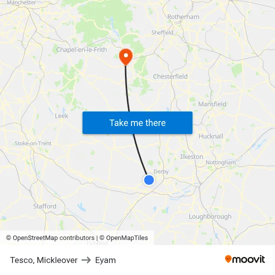 Tesco, Mickleover to Eyam map