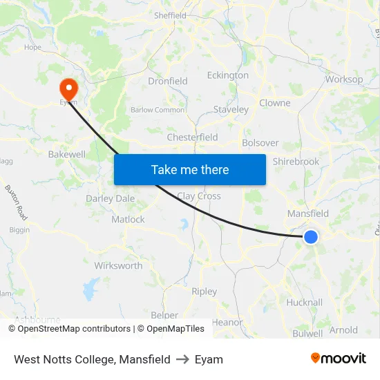 West Notts College, Mansfield to Eyam map