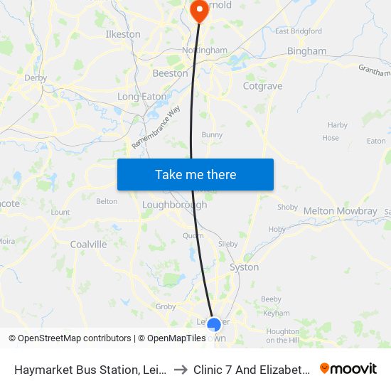 Haymarket Bus Station, Leicester to Clinic 7 And Elizabeth Unit map