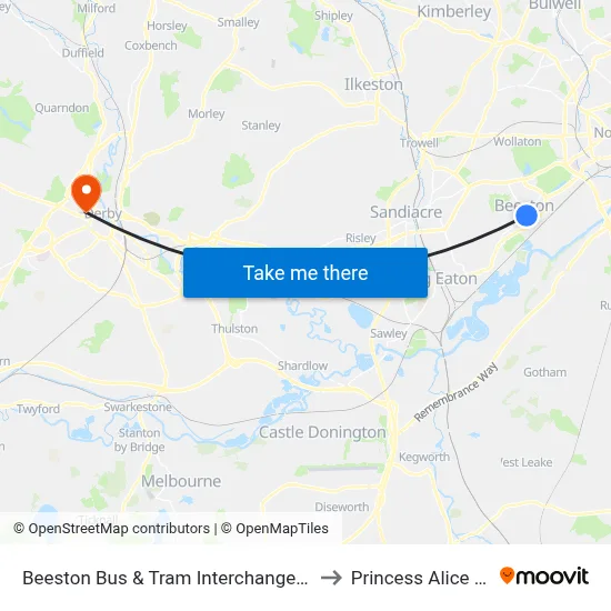 Beeston Bus & Tram Interchange, Beeston to Princess Alice Court map