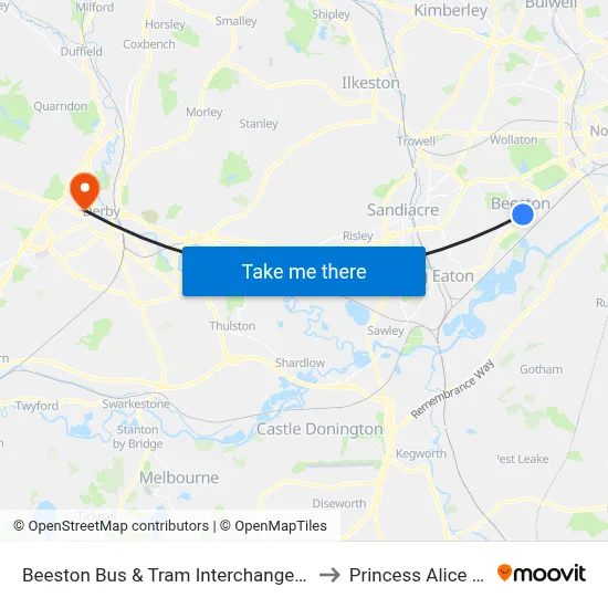 Beeston Bus & Tram Interchange, Beeston to Princess Alice Court map