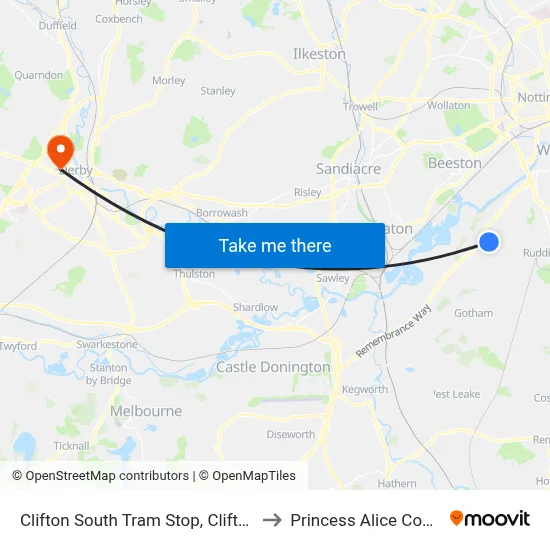 Clifton South Tram Stop, Clifton to Princess Alice Court map