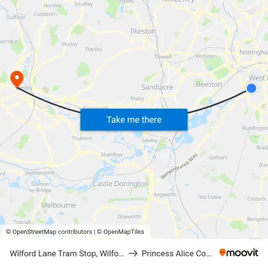 Wilford Lane Tram Stop, Wilford to Princess Alice Court map