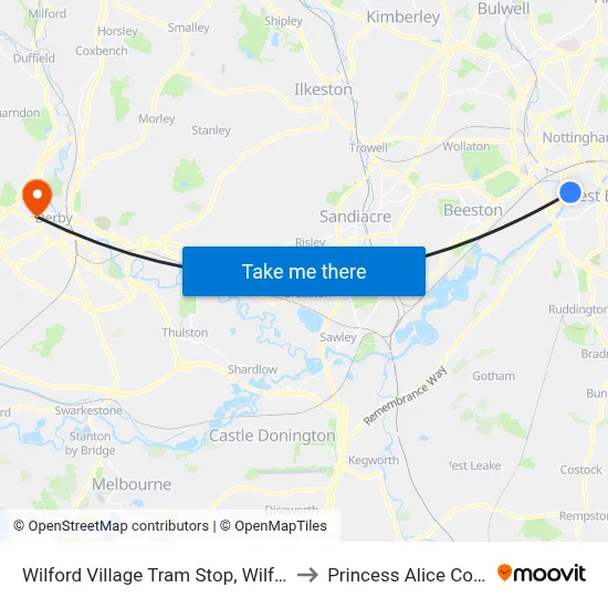 Wilford Village Tram Stop, Wilford to Princess Alice Court map