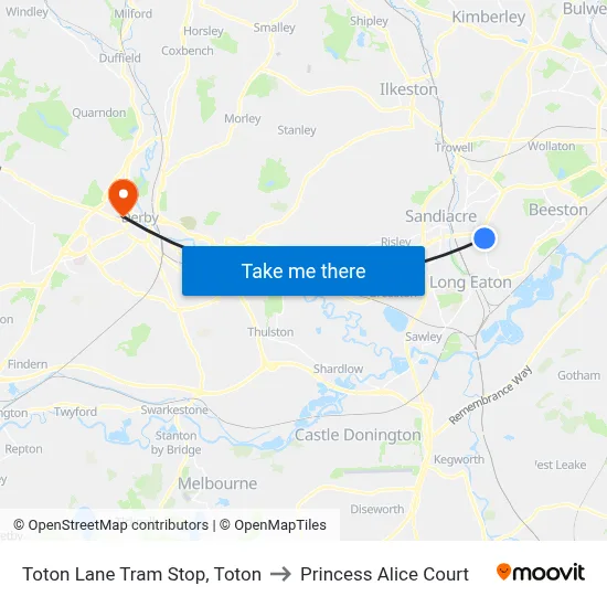 Toton Lane Tram Stop, Toton to Princess Alice Court map