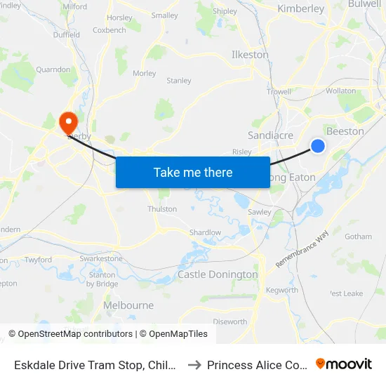 Eskdale Drive Tram Stop, Chilwell to Princess Alice Court map