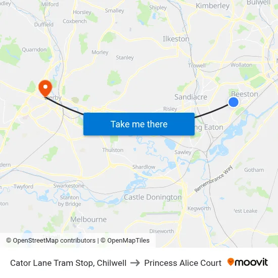Cator Lane Tram Stop, Chilwell to Princess Alice Court map