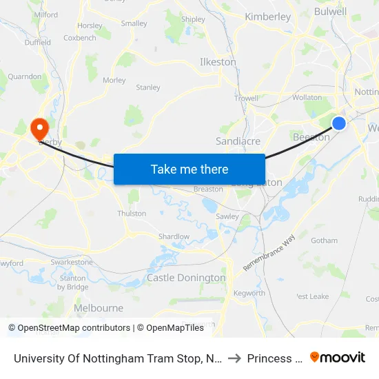 University Of Nottingham Tram Stop, Nottingham University Main Campus to Princess Alice Court map