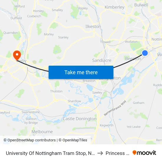 University Of Nottingham Tram Stop, Nottingham University Main Campus to Princess Alice Court map