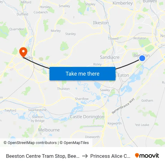 Beeston Centre Tram Stop, Beeston to Princess Alice Court map