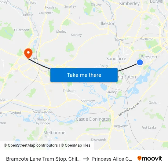 Bramcote Lane Tram Stop, Chilwell to Princess Alice Court map