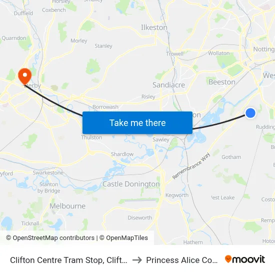 Clifton Centre Tram Stop, Clifton to Princess Alice Court map