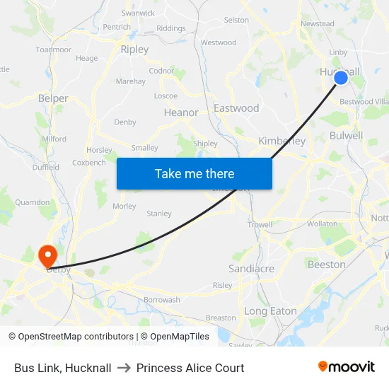 Bus Link, Hucknall to Princess Alice Court map