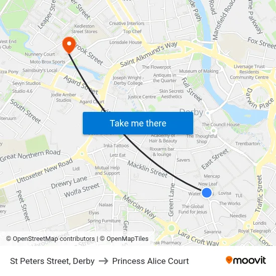 St Peters Street, Derby to Princess Alice Court map