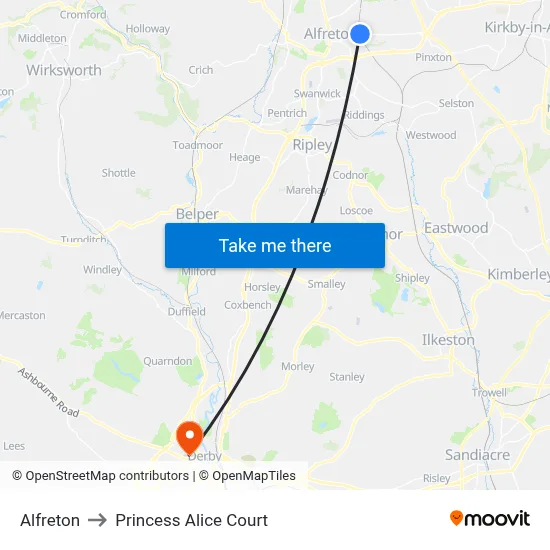Alfreton to Princess Alice Court map