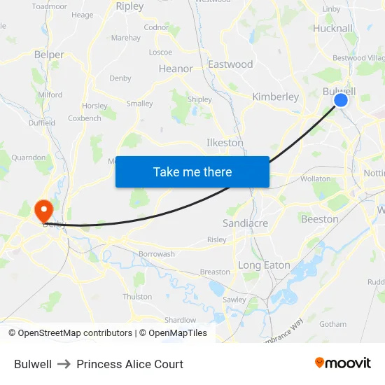 Bulwell to Princess Alice Court map