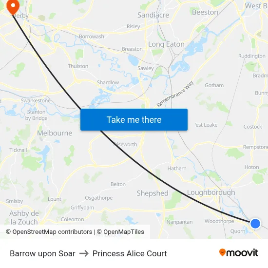 Barrow upon Soar to Princess Alice Court map