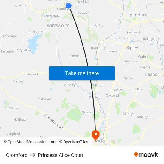 Cromford to Princess Alice Court map