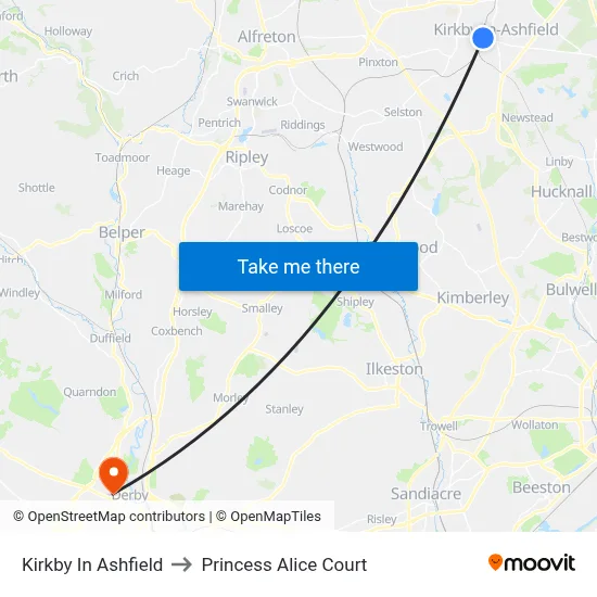 Kirkby In Ashfield to Princess Alice Court map